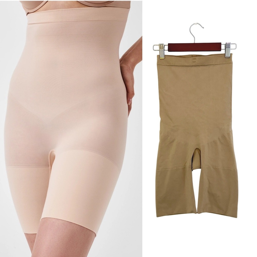 SPANX‎ Power Mid Thigh Shorts Seamless High Waist Shapewear Beige Women's L
